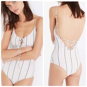 Madewell Tavik Monahan Lace-Up One-Piece Swimsuit in Horizon Stripe Tapioca NWT